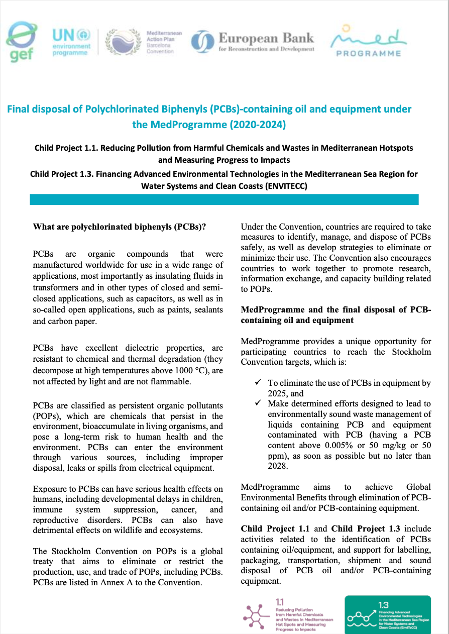 Final disposal of Polychlorinated Biphenyls (PCBs)-containing oil and equipment under the MedProgramme (2020-2024)